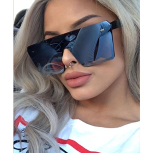 Shiny Black Square Oversized Sunglasses Rectangular Rimless Mirror Sunglasses - Picture 2 of 8